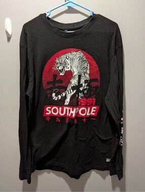 Southpole Long Sleeve Shirt Mens XL Black Tiger Graphic Asian Script Y2K